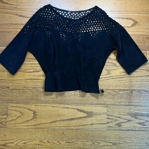 Michel Vintage Black Leather Eyelet Details Old Money Scoop Neck Blouse  P